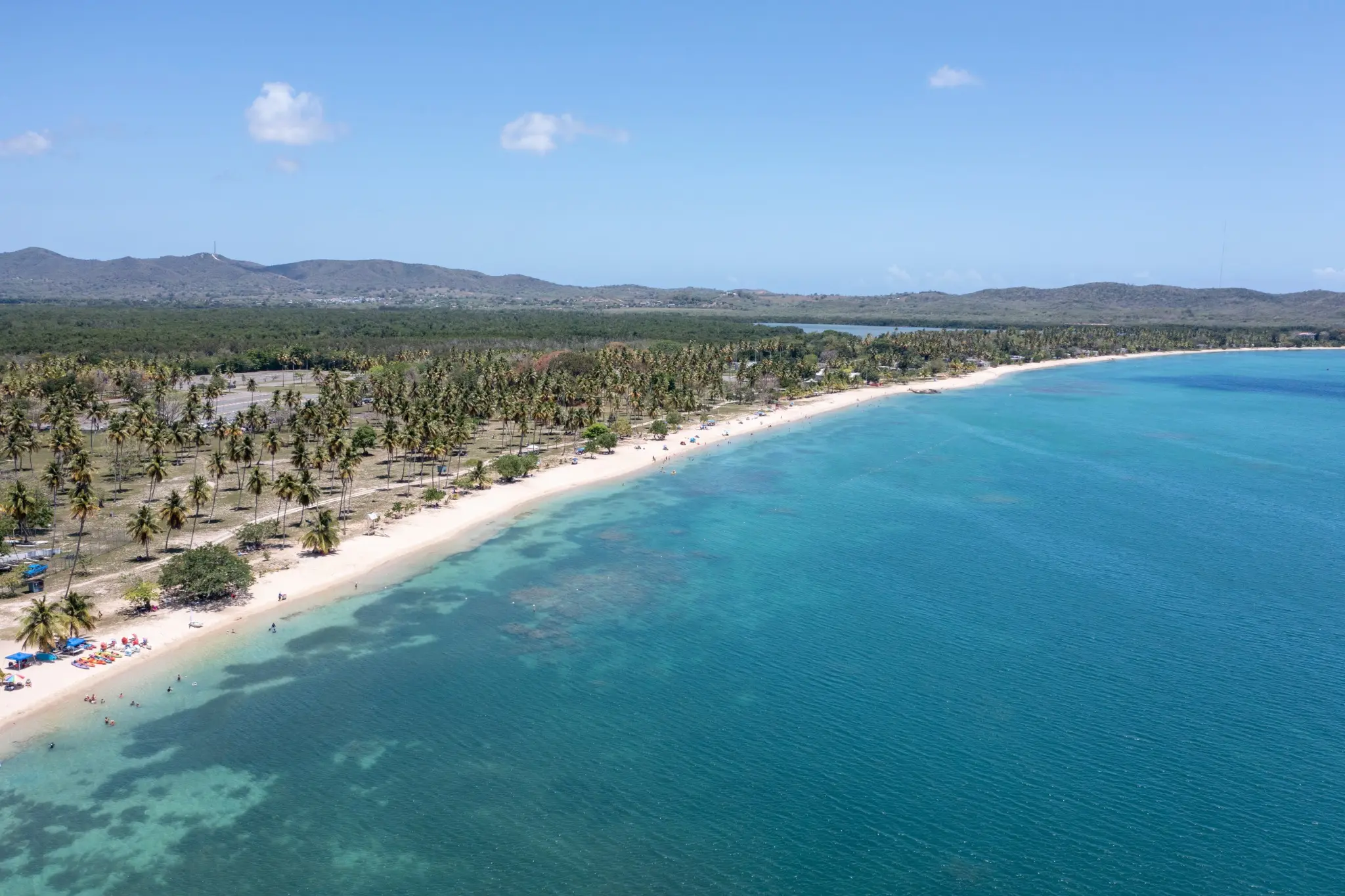 Aerial view of Balneario de Boquerón with its long sandy beach and palm grove